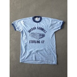 Vintage 1980s Jordan Sawmill Stedman Blue Ringer T-shirt USA Made L
